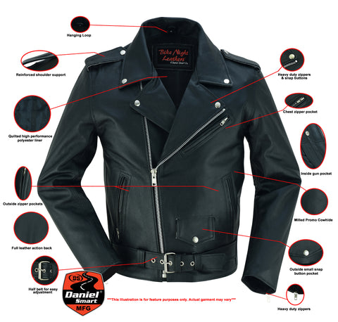 DS710 Economy Motorcycle Classic Biker Leather Jacket - Plain Sides